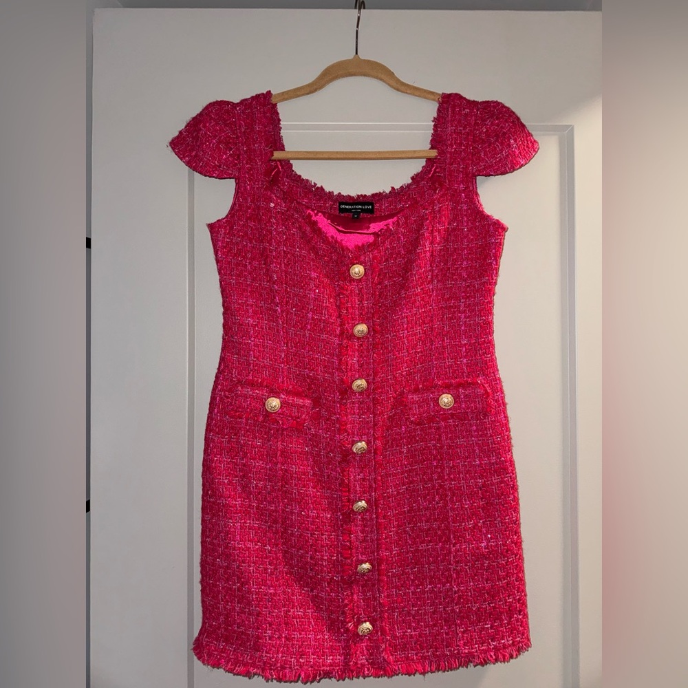 Generation Love Pink Tweed Dress with Gold Buttons (Size : M)